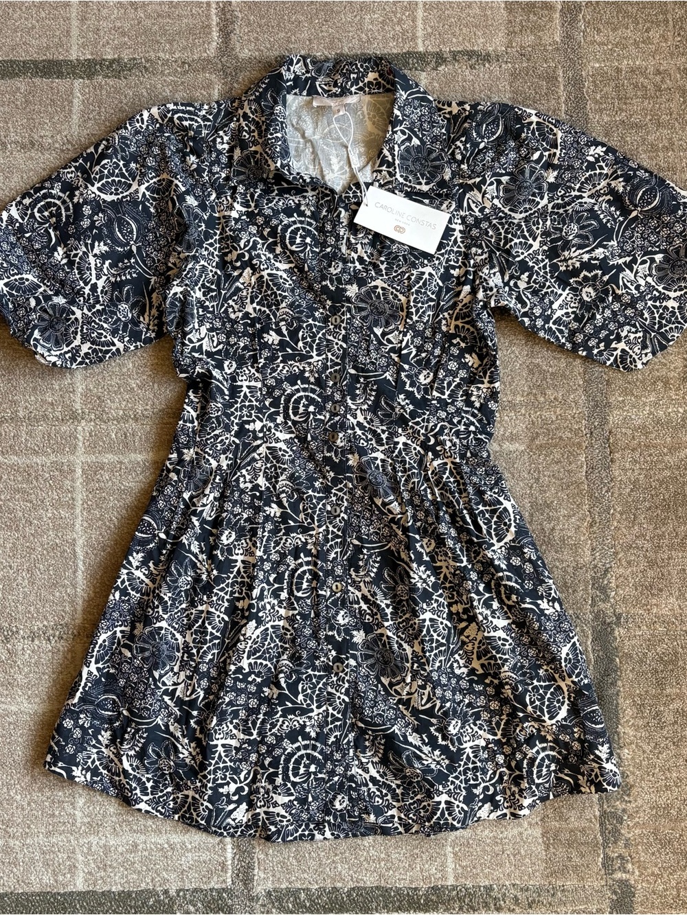 Caroline Constas Button-Front Floral Print Shirt Mini Dress in Black & White S